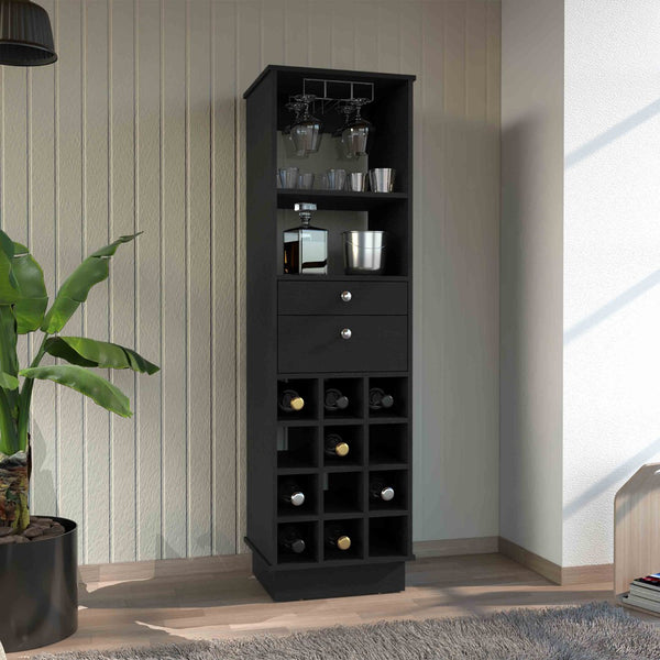 English Elm Classic Matte Black Bar Cabinet with Twelve Bottle Wine Rack and Two Storage Drawers B20091835