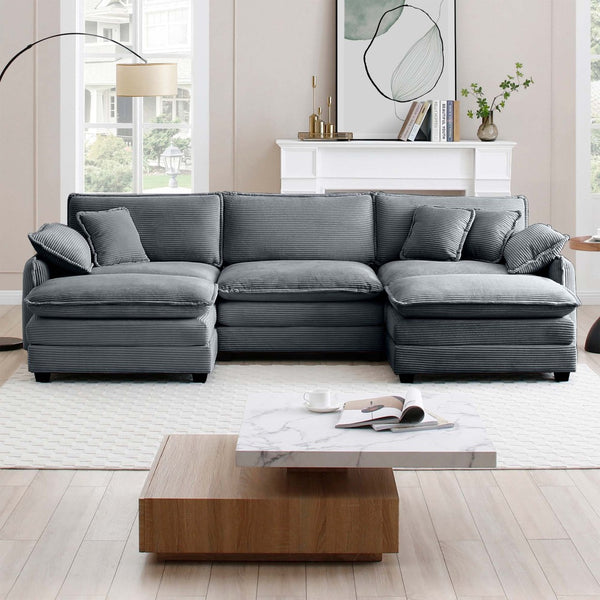 English Elm Oversized Modular U-Shaped Sofa Set With Convertible Ottoman & Footstools – Stylish Grey Corduroy Comfort W714S00758-GIGA