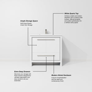 English Elm White Single Bath Vanity 36" W x 20" D with White Quartz Top, Gun Metal Faucet & 28" Mirror, Durable B2731S02077