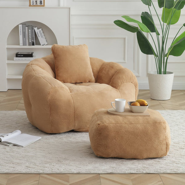 English Elm Giant Foam-Filled Bean Bag Chair with Footstool, Shell-Shaped Faux Fur Sofa for Gaming Reading уют khaki W2677P306796