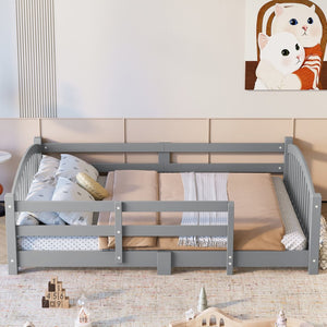 English Elm Full Montessori Pine Wood Floor Bed with Safety Rails Low Profile Kids Room Frame Gray N733P400299E