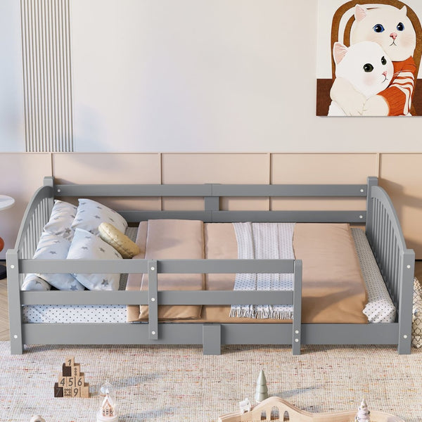 English Elm Full Montessori Pine Wood Floor Bed with Safety Rails Low Profile Kids Room Frame Gray N733P400299E