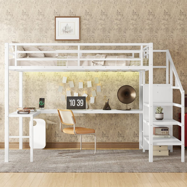 English Elm Full Size Loft Bed With L-Shaped Desk, Wardrobe, Usb, Led Light - Space-Saving Design For All Ages W1580S00133