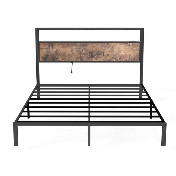 English Elm Queen Metal Platform Bed with Rgb Led Headboard Charging Station and Underbed Storage Brown T3963P483788