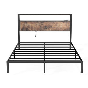English Elm Queen Metal Platform Bed Rgb Led Headboard Charging Ports Under Storage 800lb Brown T3963P491443