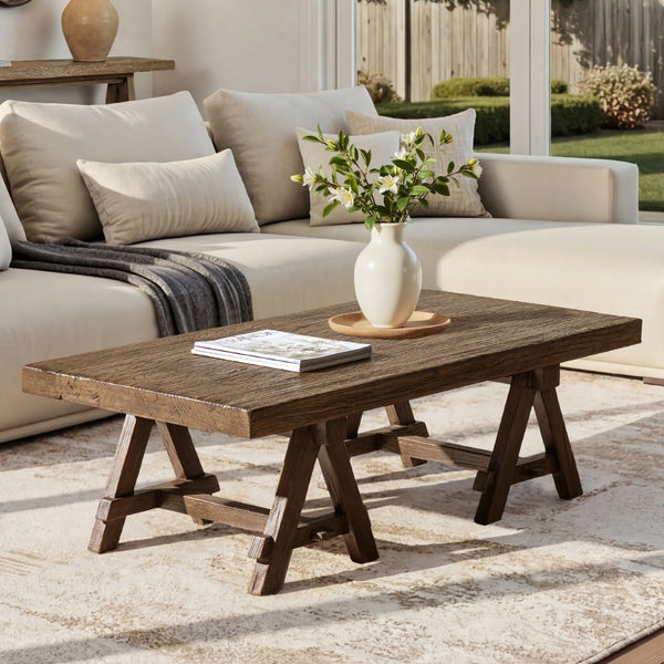 English Elm Hawthorne Reclaimed Elm Trestle Coffee Table Solid Wood Farmhouse Living Room Accent Brown B2719P474449