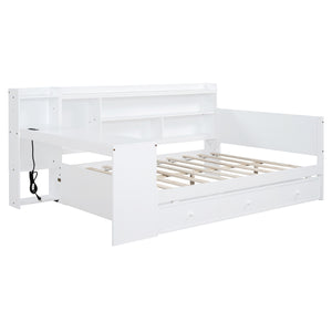 English Elm Full Size Wooden Daybed With Integrated Desk, Usb Ports, 3 Drawers & Modern White Finish N820S00018K