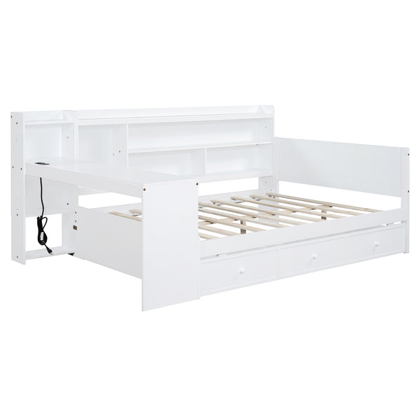 English Elm Full Size Wooden Daybed With Integrated Desk, Usb Ports, 3 Drawers & Modern White Finish N820S00018K