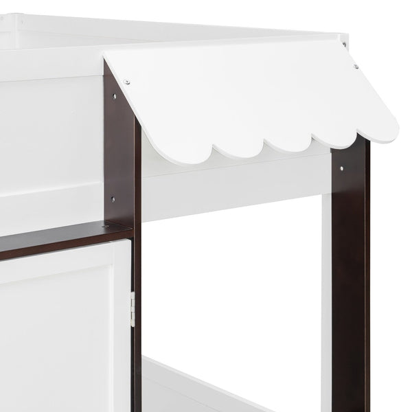 English Elm Twin House Loft Bed with Pull Out Rolling Desk Stair Drawers and Cabinet Storage Espresso+White N820S00074P