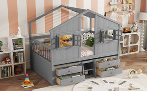 English Elm Full Size House Loft Bed With Roof & Windows, 4 Storage Drawers, Safe Pine Frame In Grey Finish W504S00241