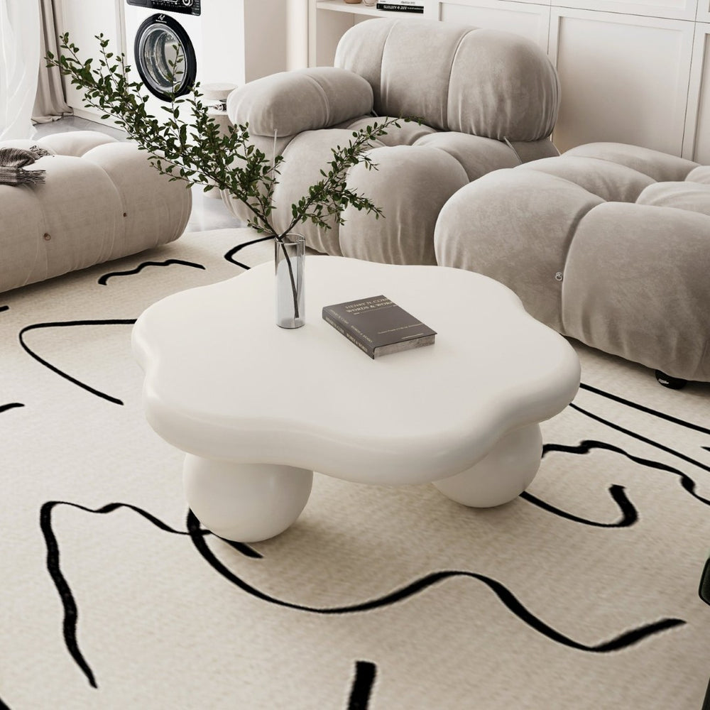 English Elm 35" Cloud Shaped Mdf Coffee Table Sculptural Round Top with Spherical Legs for Modern Living Cream White W1435S00027