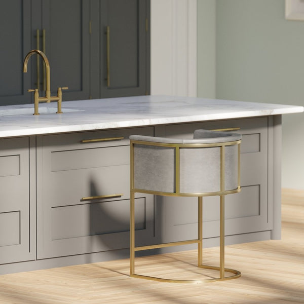 English Elm 26" Counter Stool Tufted Faux Leather Seat with Brass Metal Base for Kitchen Islands Gray Pu B2751P436484