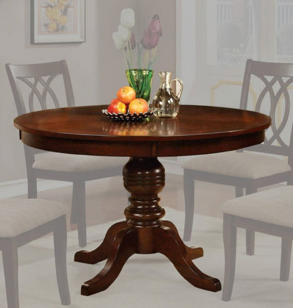 English Elm Contemporary Solid Wood Round Pedestal Dining Set Seats Four in Brown Cherry Finish B2741S00803