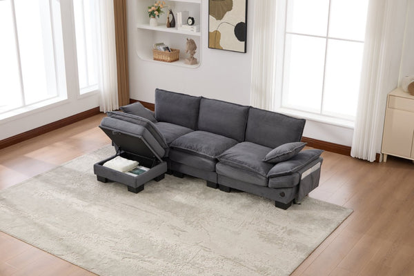 English Elm Sectional Cloud Sofa Modular Deep Seat Corduroy Upholstered Living Room Couch with Storage Dark Gray W395S00133
