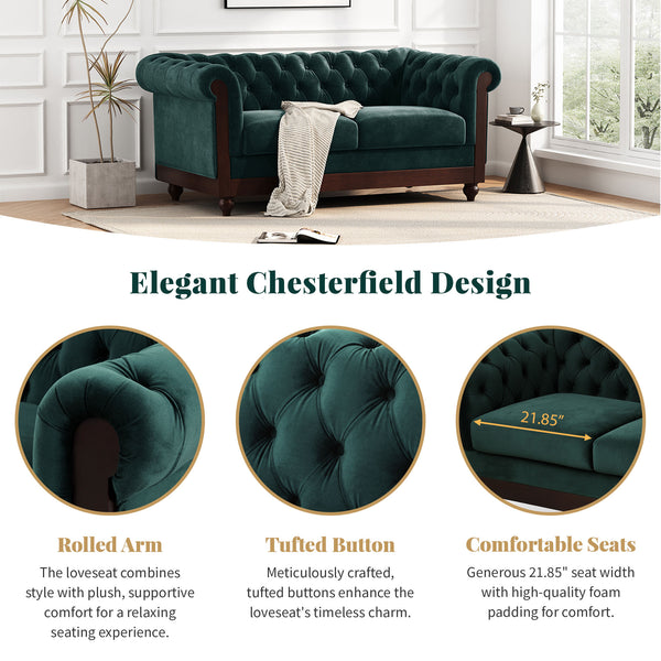 English Elm Christopher Knight Home® - VIVALUX Chesterfield Velvet Loveseat Sofa with Rolled Arms Tufted Buttons Plush 2-Seater Comfort 59.4" Dark Green N762P178705F