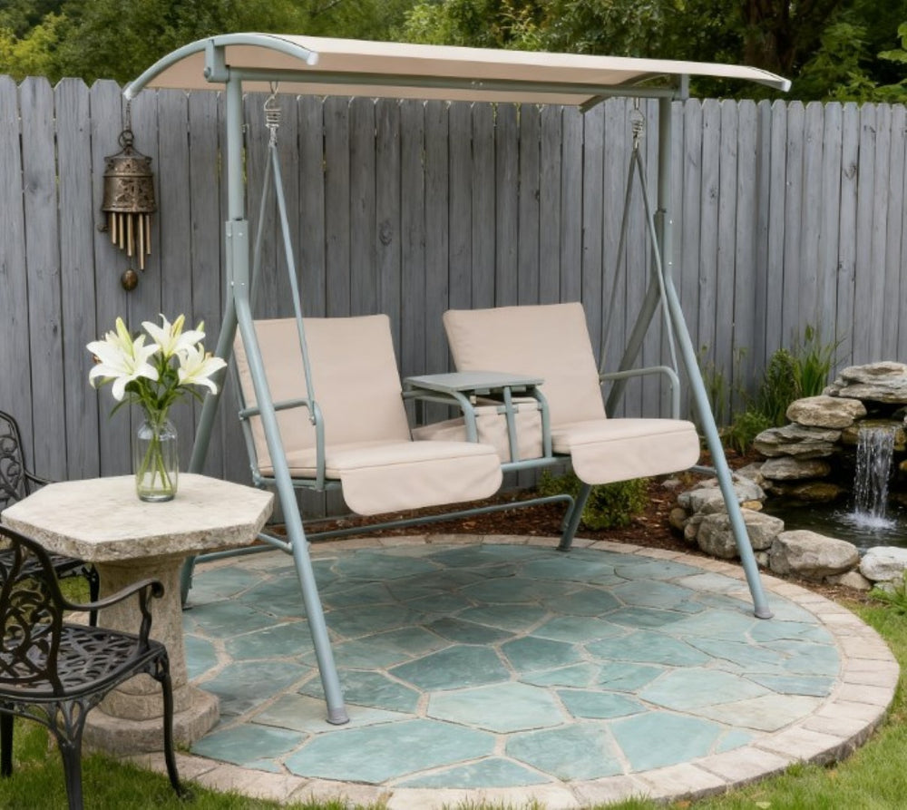 English Elm Outdoor Freestanding Canopy Swing Seat for Two with Mesh Cushions and Steel Frame T3971P418169