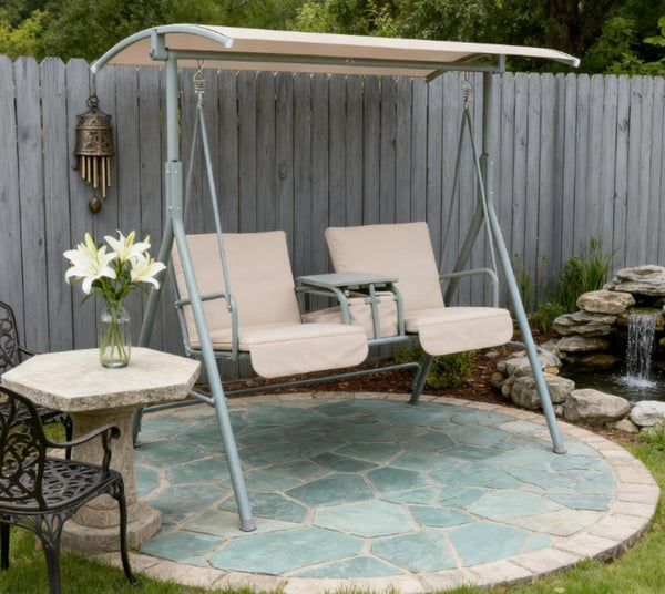 English Elm Outdoor Freestanding Canopy Swing Seat for Two with Mesh Cushions and Steel Frame T3971P418169