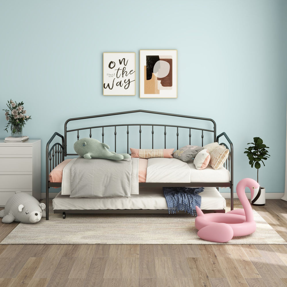 English Elm Fox twin daybed with twin trundle sturdy metal frame, anti-noise slats, easy-glide casters, no box spring needed Black B083P154245
