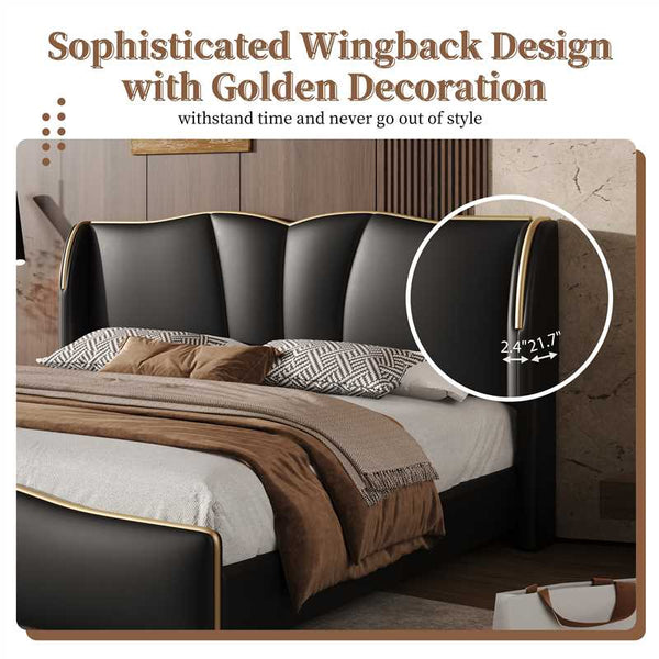 English Elm Christopher Knight Home® - King PU Leather Bed Frame with Wingback Headboard & Footboard, Gold Accents, Platform Slat Support, Elegant Design Black 85 L x 10 W x 3.25 H N761S0000017B