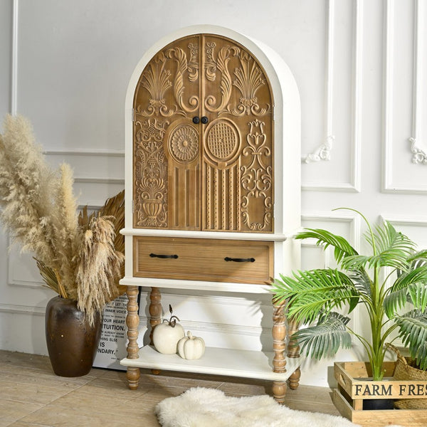 English Elm 31.50" Floral Carved Wood Accent Cabinet with Arched Doors Drawer and Shelf W3933P379106