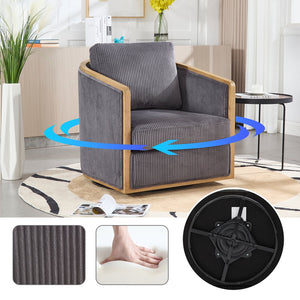 English Elm Corduroy Swivel Barrel Chair with Sturdy Wood Frame & Metal 360° Base, Plush Corduroy Comfort Pop Dark Gray W395P220272