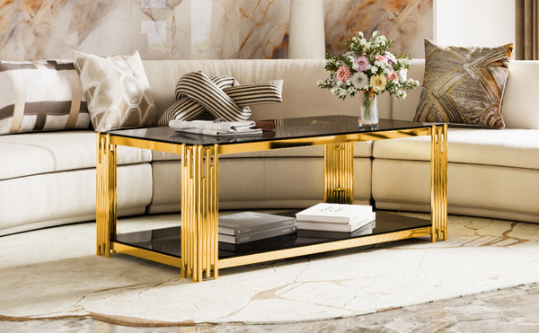 English Elm Modern Glam Rectangular Coffee Table with Mirrored Top Gold Sculptural Frame Open Shelf Black N735P380099B