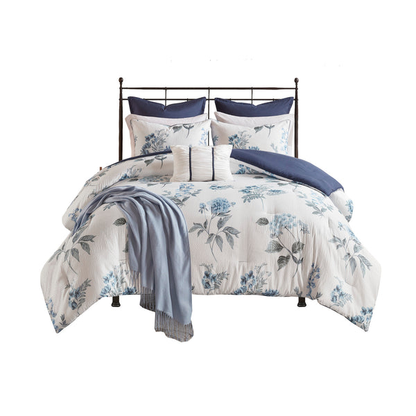 English Elm 7 Seersucker Comforter Set with Floral Print, Euro Shams, Decorative Pillow & Throw Blanket, Full/Queen Blue 16.93 L x 13.39 W x 8.66 H B03597122
