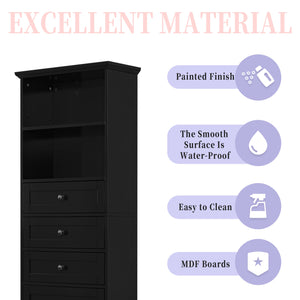 English Elm Black Tall Storage Cabinet with 3 Drawers, Adjustable Shelves, Anti-Tip, MDF Painted Finish for Office Bath WF323347AAB