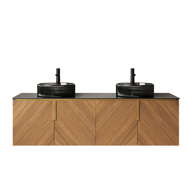 English Elm Dina 60 Inch Floating Bathroom Vanity Sintered Stone Top Dual Glass Basins Wood Grain W2615S00452