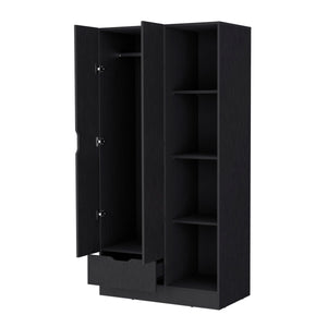 English Elm Redmond Black Armoire with Drawer, 4 Adjustable Shelves & Hanging Rod – Space-Saving Storage Solution B128S00124