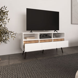 English Elm TV Engineered Wood Media Console with 3 Drawers & 3 Open Shelves, Durable Eco-Friendly Storage Solution White+Natural 52.76 L x 47.3 W x 6.3 H B097P262374