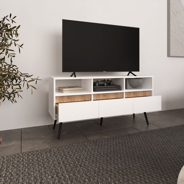 English Elm TV Engineered Wood Media Console with 3 Drawers & 3 Open Shelves, Durable Eco-Friendly Storage Solution White+Natural 52.76 L x 47.3 W x 6.3 H B097P262374