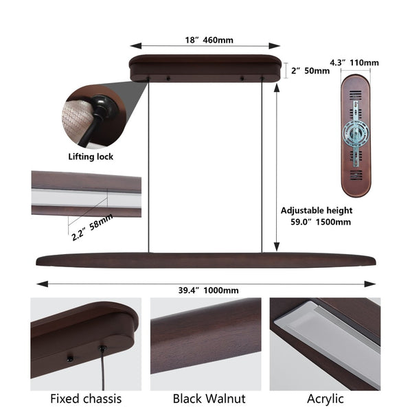 English Elm 39-inch Walnut Wood Led Bar Pendant Dimmable Fixture for Dining and Kitchen Islands W1340P264186