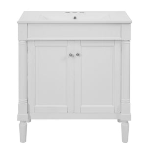English Elm 30" French Style Bathroom Vanity with Ceramic Basin Soft Close Doors Wood Legs White N710P415327K