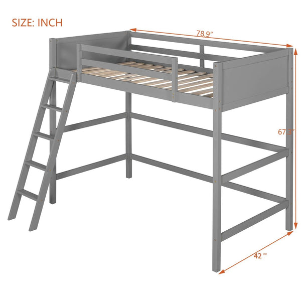 English Elm Loft Bed with Built-in Slide Solid Pine Twin Frame for Kids Bedroom Play Gray N708P360090E