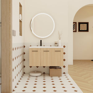 English Elm 36" Floating Bathroom Vanity Light Oak Modular Cabinet with Gel Coat Integrated Sink W3450S00076