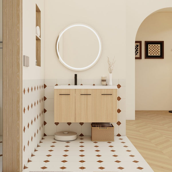 English Elm 36" Floating Bathroom Vanity Light Oak Modular Cabinet with Gel Coat Integrated Sink W3450S00076