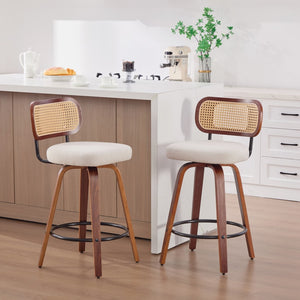 English Elm Set of 2 Swivel Counter Stools Walnut Frame Rattan Back Linen Seat Kitchen Island Beige W1143P392171