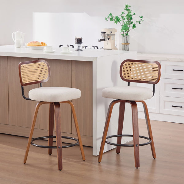 English Elm Set of 2 Swivel Counter Stools Walnut Frame Rattan Back Linen Seat Kitchen Island Beige W1143P392171