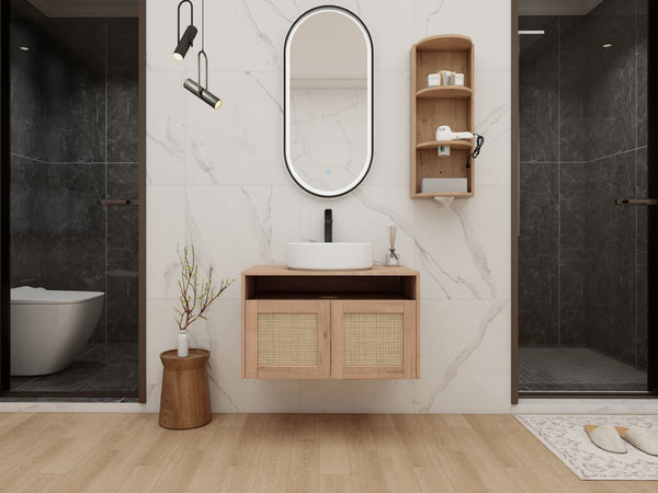 English Elm 30" Floating Bathroom Vanity Oak Finish Ceramic Vessel Sink Soft Close Plywood Cabinet W999S00501