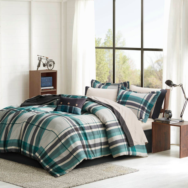 English Elm 7 Pcs Twin Xl Teal And Black Plaid Comforter Set - Soft Microfiber Bedding With Sheets & Pillow B035P319865
