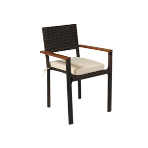 English Elm 7 piece Outdoor Patio Wicker Dining Set with Acacia Wood Table Brown Rattan Cream Cushions, Durable Elegance W329S00053