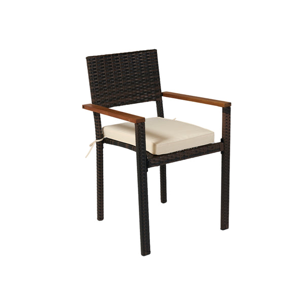 English Elm 7 piece Outdoor Patio Wicker Dining Set with Acacia Wood Table Brown Rattan Cream Cushions, Durable Elegance W329S00053