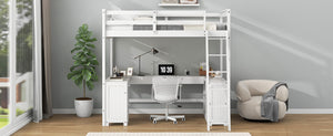 English Elm Full Loft Bed with U-Shaped Workstation, Built-In Drawers, Shelves & Cabinet for Space Saving White GX001039AAK