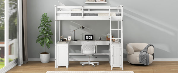 English Elm Full Loft Bed with U-Shaped Workstation, Built-In Drawers, Shelves & Cabinet for Space Saving White GX001039AAK