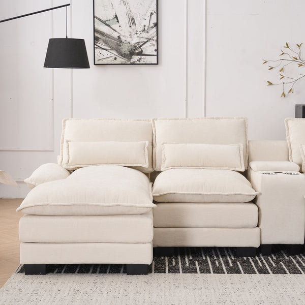 English Elm Modern U-shaped sofa with console, cupholders & USB ports — 6-seat sleeper with double chaise, chenille comfort W3401S00001