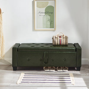 English Elm 48" Storage Ottoman Bench with Tufted Faux Leather Upholstery, Solid Wood Frame & 300lb Capacity Dark Green W1097P338777