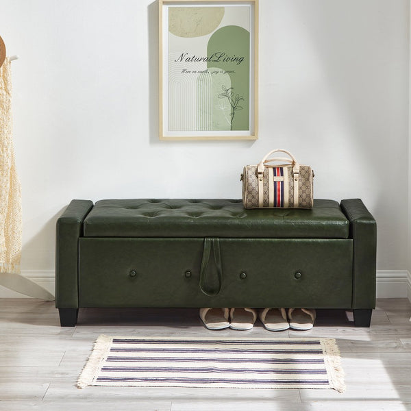 English Elm 48" Storage Ottoman Bench with Tufted Faux Leather Upholstery, Solid Wood Frame & 300lb Capacity Dark Green W1097P338777