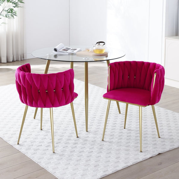 English Elm Modern Woven Velvet Dining Chairs with Gold Legs Tufted Glam Seating Set of 2 W1117P440613