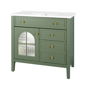 English Elm 35.6" Freestanding Bathroom Vanity with Roman Column Base and Ceramic Integrated Sink Green W1801S00010